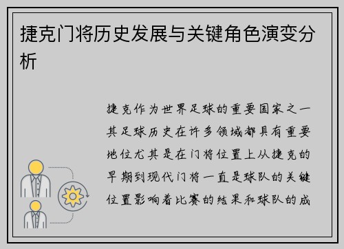 捷克门将历史发展与关键角色演变分析 捷克门将历史发展与关键角色演变分析