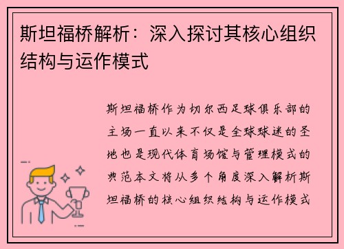 斯坦福桥解析：深入探讨其核心组织结构与运作模式