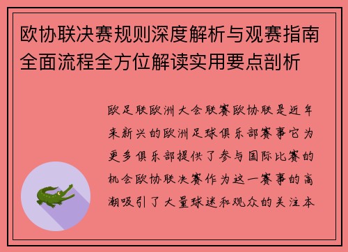 欧协联决赛规则深度解析与观赛指南全面流程全方位解读实用要点剖析 欧协联决赛规则深度解析与观赛指南全面流程全方位解读实用要点剖析