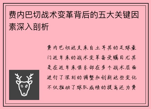 费内巴切战术变革背后的五大关键因素深入剖析 费内巴切战术变革背后的五大关键因素深入剖析