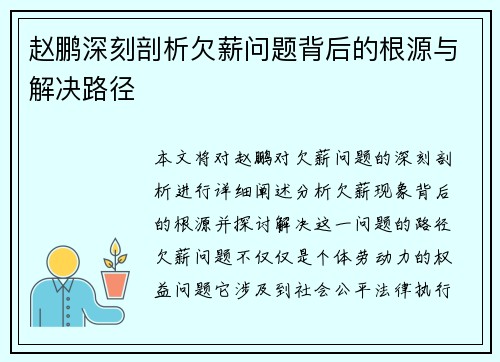 赵鹏深刻剖析欠薪问题背后的根源与解决路径 赵鹏深刻剖析欠薪问题背后的根源与解决路径