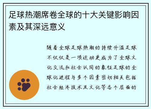 足球热潮席卷全球的十大关键影响因素及其深远意义 足球热潮席卷全球的十大关键影响因素及其深远意义